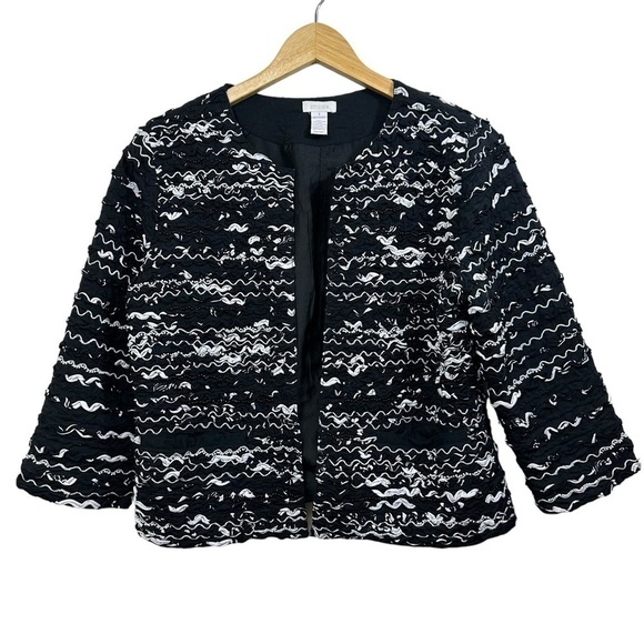 Chico’s Black White Cropped Open Front Jacket Blazer, Size 1, Medium - Picture 1 of 10